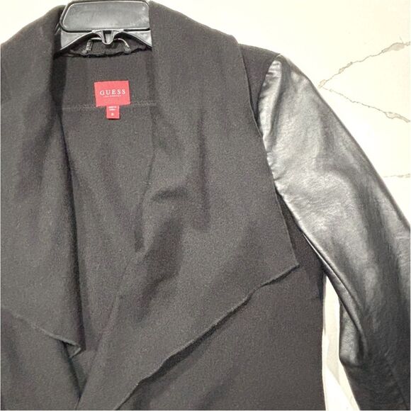 GUESS | Waterfall Women’s Open Front PU Leather Sleeves Wool Jacket M - Picture 4 of 16